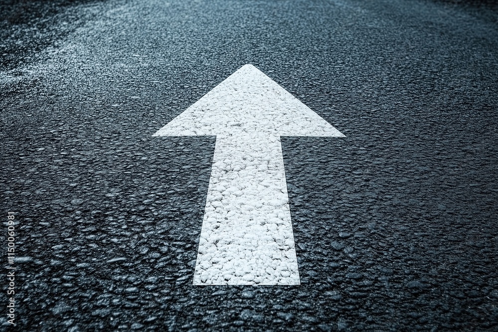 White Arrow Painted on Asphalt Road Suggesting Forward Movement White Arrow Painted on Asphalt Road Suggesting Forward Movement