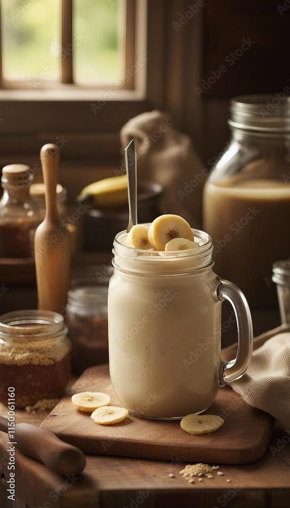 A rustic breakfast setting with a banana smoothie surrounded by fresh ingredients like honey, oats, and banana slices in warm natural light. A rustic breakfast setting with a banana smoothie surrounded by fresh ingredients like honey, oats, and banana slices in warm natural light.