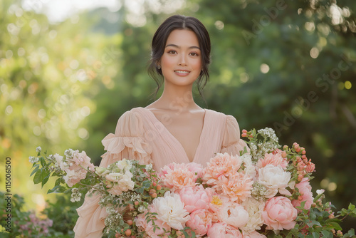 A confident woman wearing a pink dress, holding flowers in a sunlit garden, celebrating International Women’s Day with grace and empowerment.