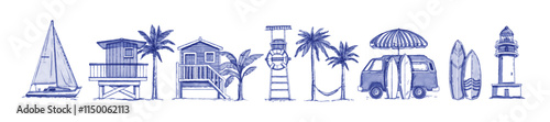 Watercolor summer icon set, hand drawn tropical beach illustration, coastal surfboard vector print. Ocean vacation paradise graphic, palm tree, bungalow, boat, lighthouse. Summer tropical elements