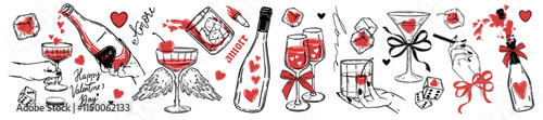 Valentine day doodle set, vector hand drawn love wine sticker, romantic alcohol glass illustration. Holiday champagne martini red cherry cocktail, ice cube, female hands, wings. Valentine doodle print