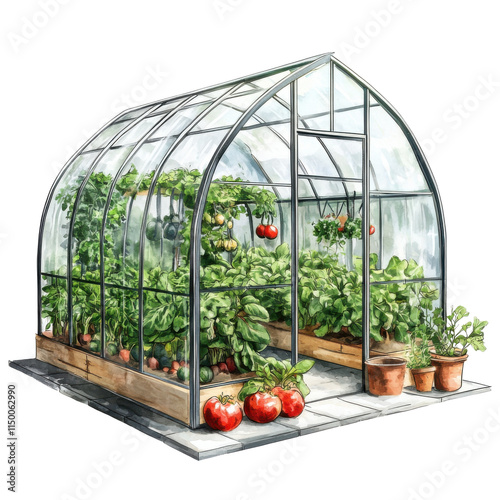 A detailed illustration of a greenhouse filled with vibrant plants and ripe tomatoes, set against a clean white background for die-cut use.