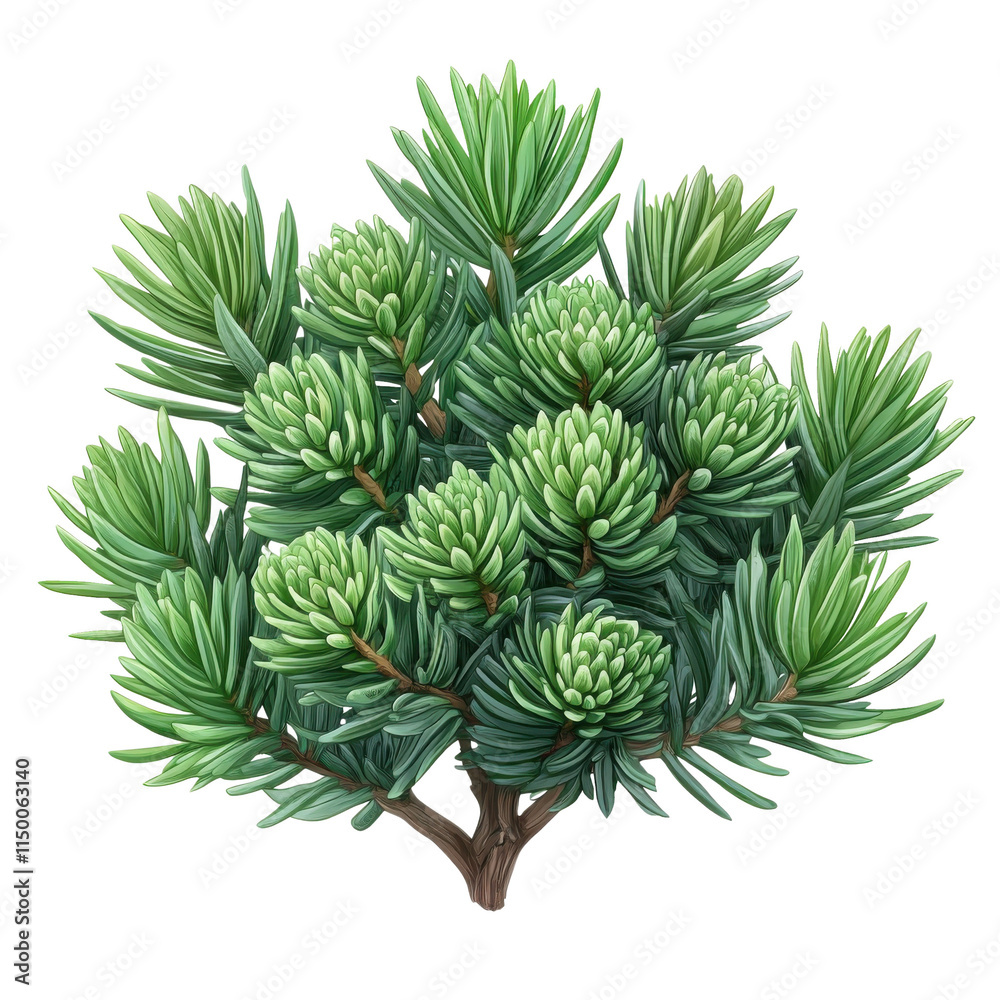 A detailed illustration of lush green foliage with pine-like clusters, ideal for nature-themed designs and eco-friendly projects. A detailed illustration of lush green foliage with pine-like clusters, ideal for nature-themed designs and eco-friendly projects.