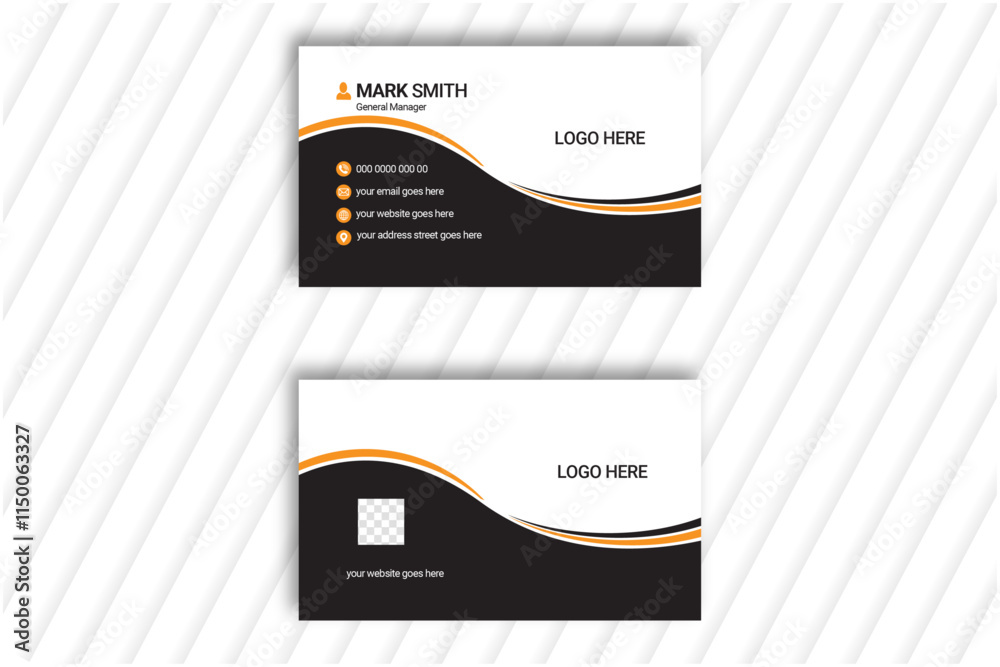 Simple and modern business card layout featuring futuristic shapes and abstract silver elements. Designed with a luxury dark gradient background, offering a premium and elegant appeal. Perfect for cor