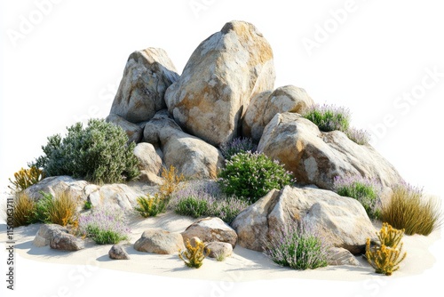 Rocks and plants on sand, isolated on white background. photo