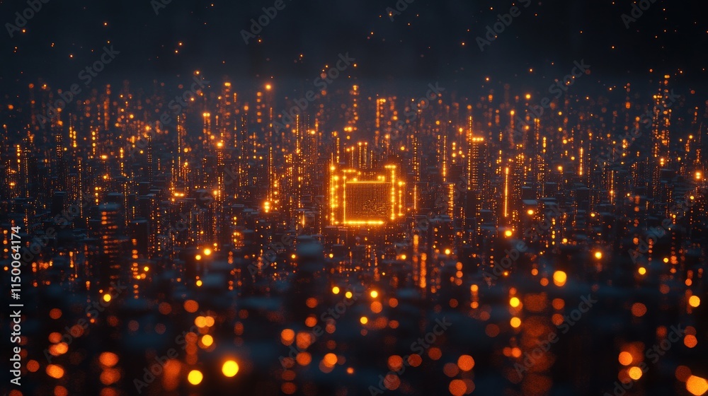 Obraz premium Abstract futuristic city glowing with orange light.