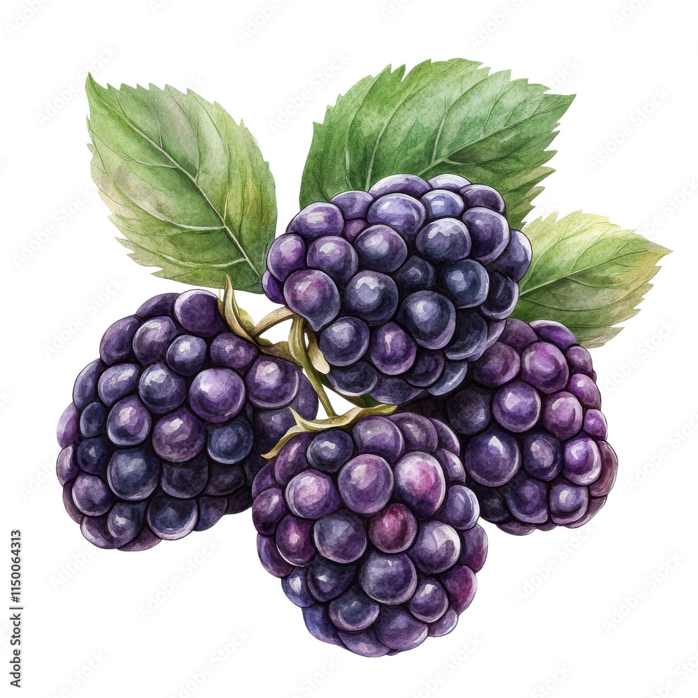 Fototapeta premium A vibrant cluster of fresh blackberries with green leaves, showcasing their rich color and organic beauty against a white background.
