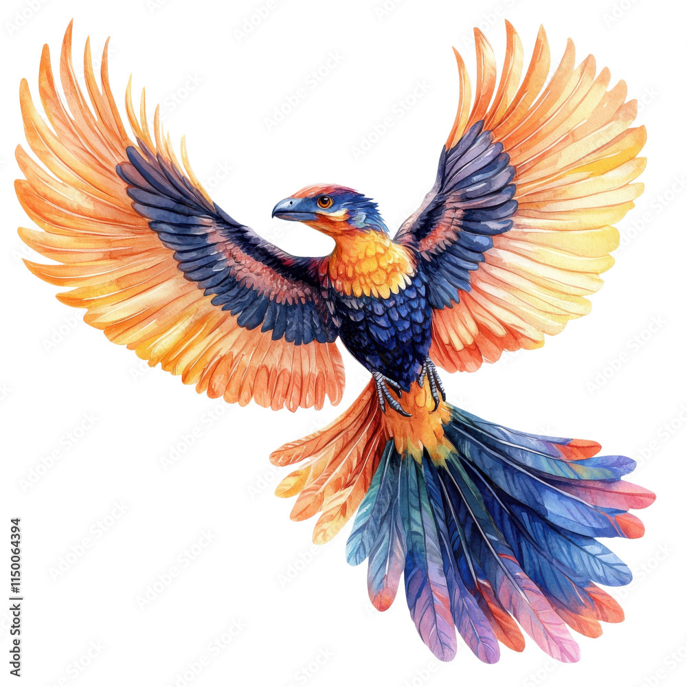 Fototapeta premium A vibrant, colorful bird with large wings, showcasing intricate feather patterns in shades of orange, blue, and yellow, white isolate background.