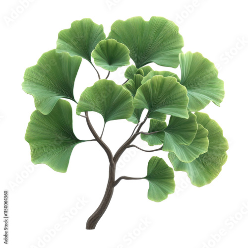 A vibrant ginkgo biloba tree branch featuring lush green fan-shaped leaves against a white isolated background. photo