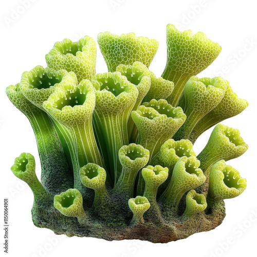 Detailed view of vibrant green coral formations against a white isolate background, showcasing intricate structures and textures.
