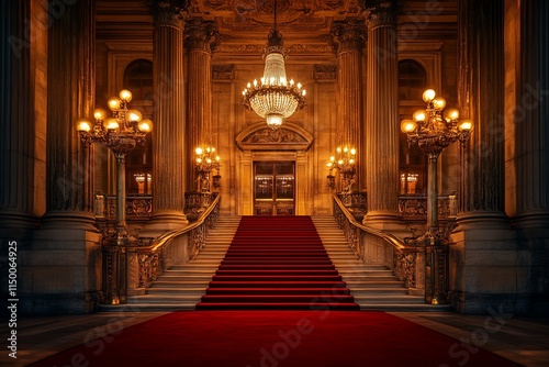 Grand staircase with red carpet, opulent interior, chandeliers, and gold railings.
