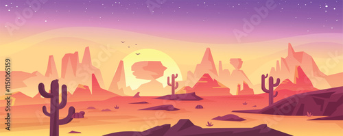 Vector Illustration of a Desert Landscape with Sunset and Cactus Scene