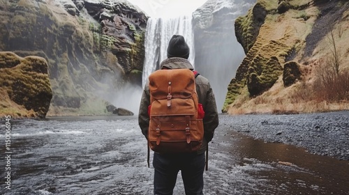 a man is enjoying a waterfall decorated with rocks around it