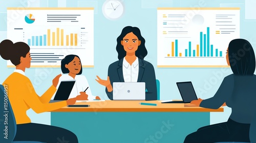 A group of four diverse businesspeople are gathered around a table, discussing business plans and strategies.