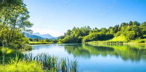 Beautiful lake amidst lush green forest with pure air offering a refreshing tranquil atmosphere.