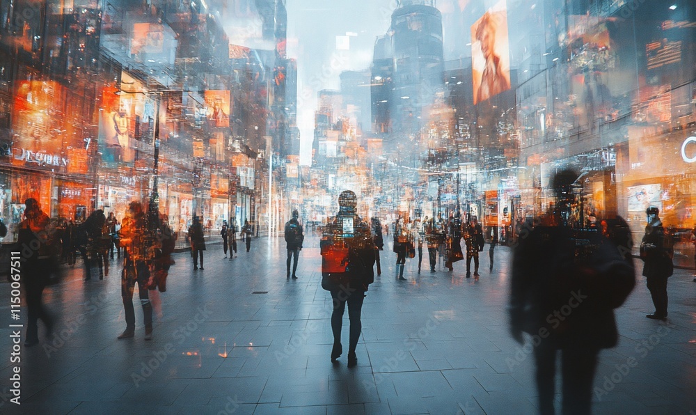 Person walking amidst blurred city crowd and glowing advertisements. Person walking amidst blurred city crowd and glowing advertisements.
