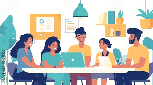Four colleagues are working together in a modern office.