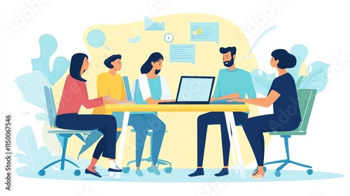 A group of four young professionals are gathered around a table, working on a project together.