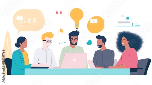 A diverse group of professionals collaborate on a project, brainstorming ideas and working together towards a common goal.