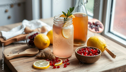 Refresh your senses with a jar of lemon and pomegranate infused water, surrounded by fresh ingredients on a rustic wooden table, perfect for healthy hydration and a visually appealing presentation.

 photo