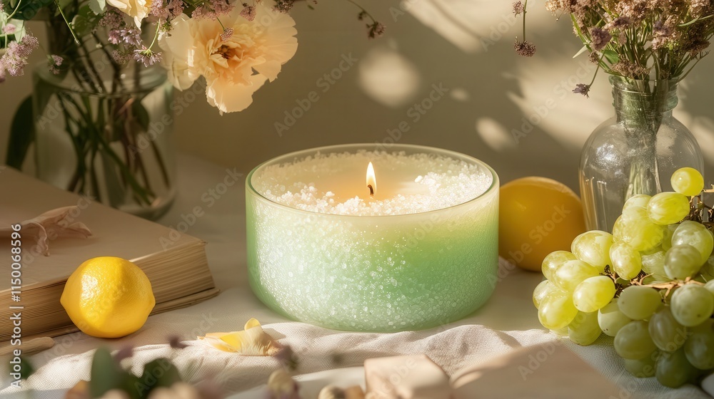 A beautifully lit scene featuring a round vessel candle with light green granular wax resembling salt or sugar, casting a soft glow A beautifully lit scene featuring a round vessel candle with light green granular wax resembling salt or sugar, casting a soft glow