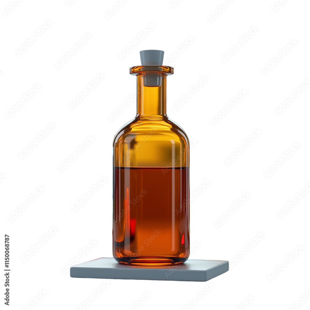 Clear glass bottle containing golden liquid with red reflections, standing on a gray base against a black background Clear glass bottle containing golden liquid with red reflections, standing on a gray base against a black background