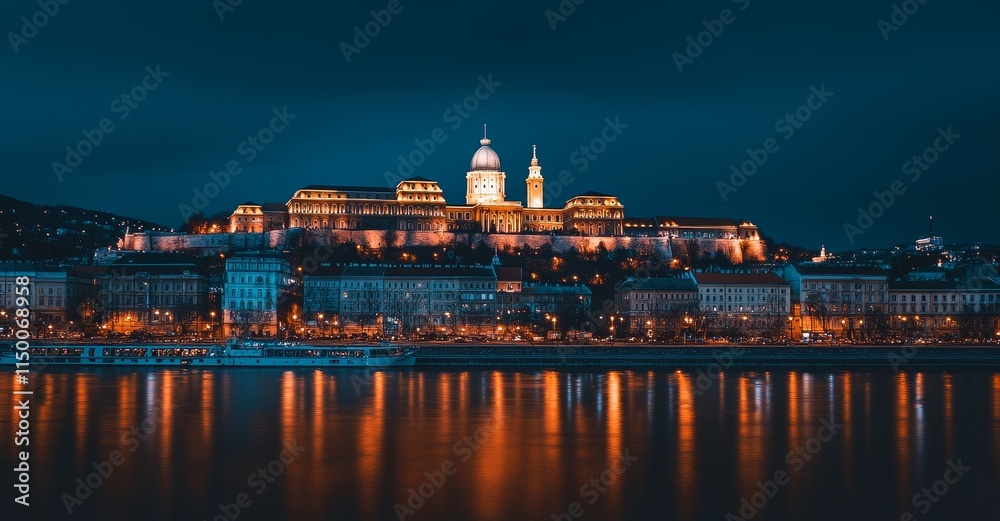 Nighttime view of Budapest Castle with fireworks lighting up the black sky, captured from the Danube River in Hungary. Nighttime view of Budapest Castle with fireworks lighting up the black sky, captured from the Danube River in Hungary.