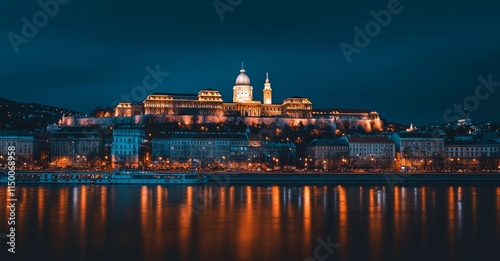 Nighttime view of Budapest Castle with fireworks lighting up the black sky, captured from the Danube River in Hungary.
