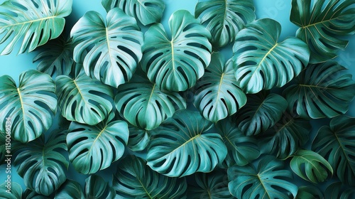 Wallpaper Mural Teal Monstera leaves background. Torontodigital.ca