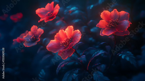 Crimson Bloom in the Night:  Enchanted red flowers glow mysteriously in the dark, their petals illuminated by an unseen light source, creating a surreal and captivating scene.