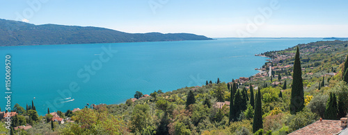 view from above to lake Gardasee, lake shore Gargnano, italian tourist resort