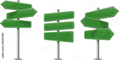 Set of green road signs. Directional signs. Realistic style. Vector graphics.