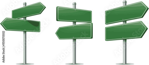 Set of green road signs. Directional signs. Realistic style. Vector graphics.