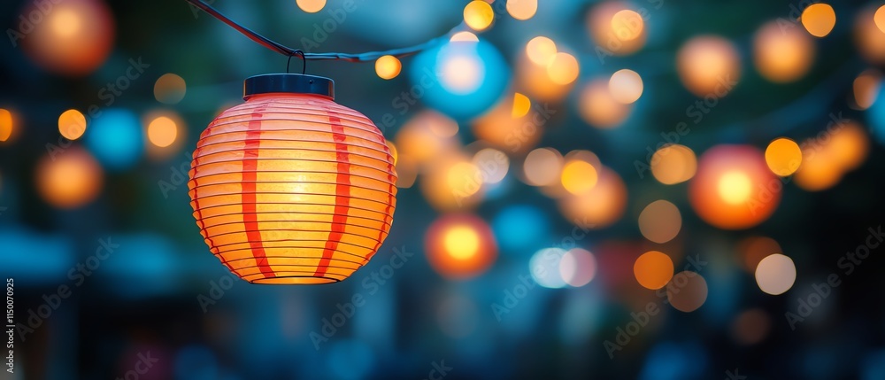 Obraz premium party lanterns glowing with bokeh lights, blurred background of outdoor event, festive celebration, vibrant bokeh, celebration lights, outdoor party mood