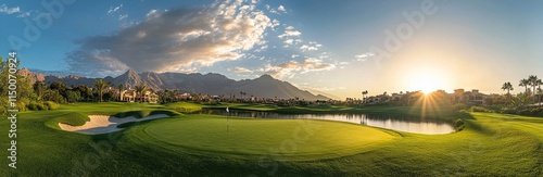 Scenic sunset over a lush golf course near a tranquil lake surrounded by trees and mountains