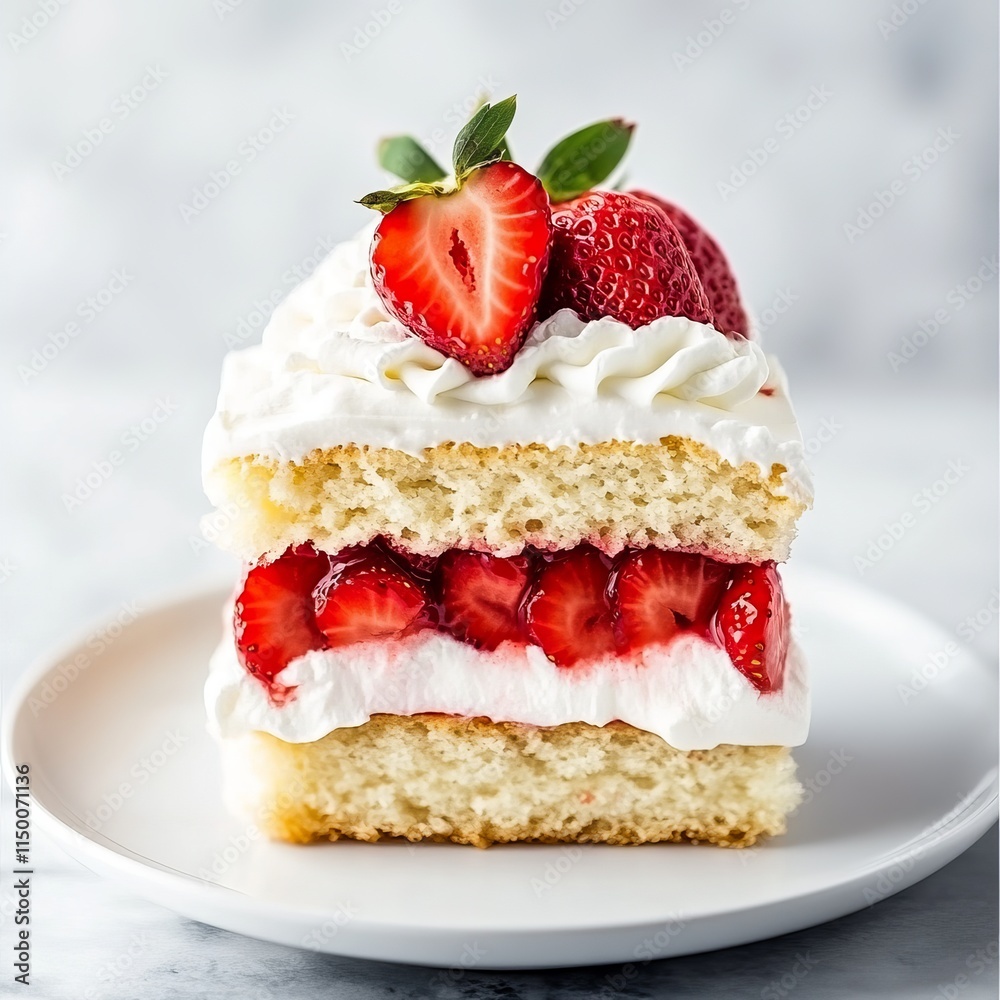 A decadent strawberry shortcake with layers of sponge cake, fresh strawberries, and whipped cream A decadent strawberry shortcake with layers of sponge cake, fresh strawberries, and whipped cream