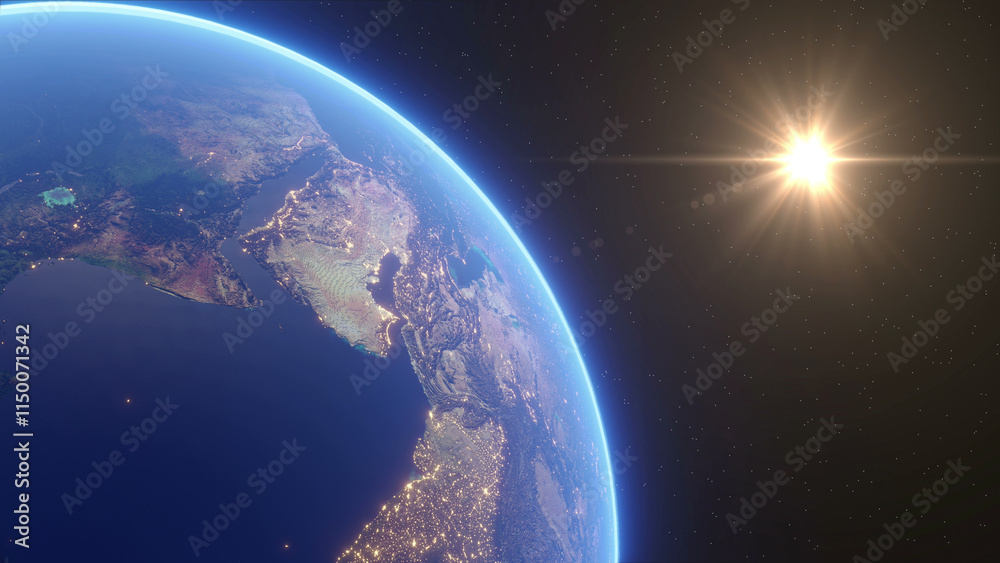 Fototapeta premium a planet earth with the sun shining 3d render