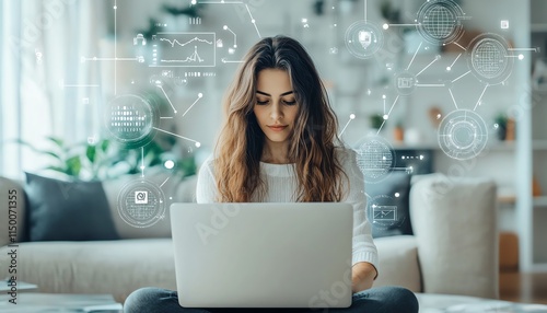 woman at home using a laptop, API application programming interface, artificial intelligence AI tools in business, software development, remote work, business tech support
