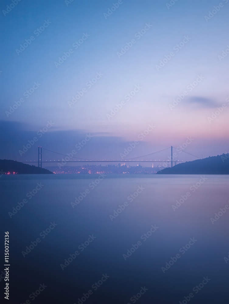 panoramic image of the Bosphorus Strait, with the Istanbul Bridge stretching across it.
