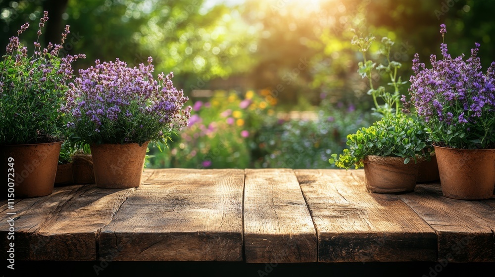 Fototapeta premium Wooden pathway surrounded by vibrant flowers in a serene garden setting