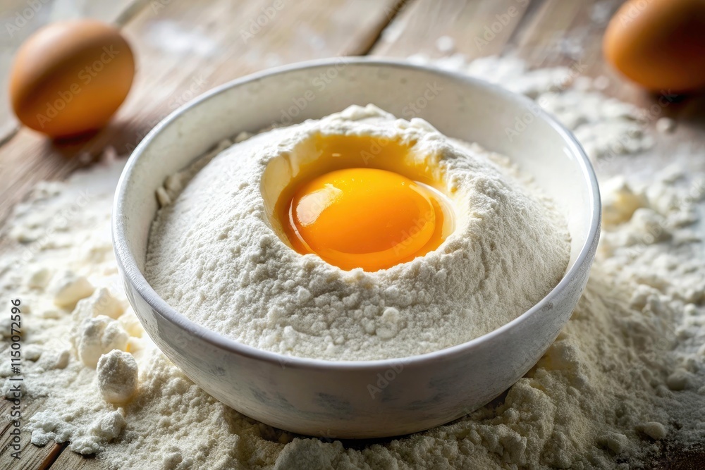 Baking Photography: Egg Yolk in Flour - Culinary Art, Food Still Life, Close-up, White Bowl Baking Photography: Egg Yolk in Flour - Culinary Art, Food Still Life, Close-up, White Bowl