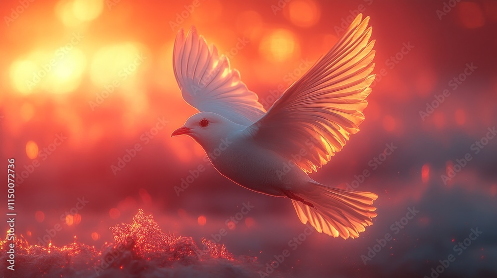 Obraz premium White dove in flight at sunset, glowing feathers.