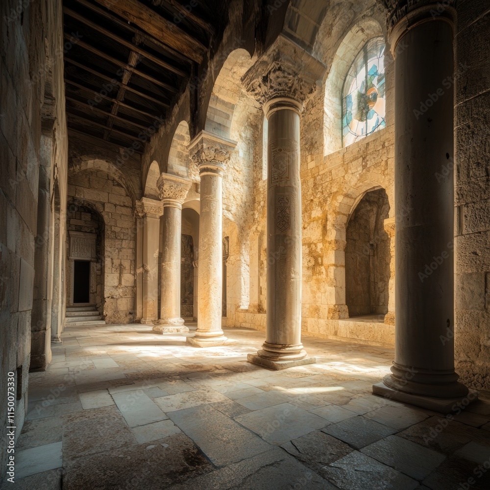 interior of Klis Church, featuring its towering columns and rich stonework, with natural light casting shadows across the beautifully designed walls and floors interior of Klis Church, featuring its towering columns and rich stonework, with natural light casting shadows across the beautifully designed walls and floors