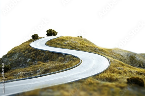 Winding road curving uphill on a grassy hill.