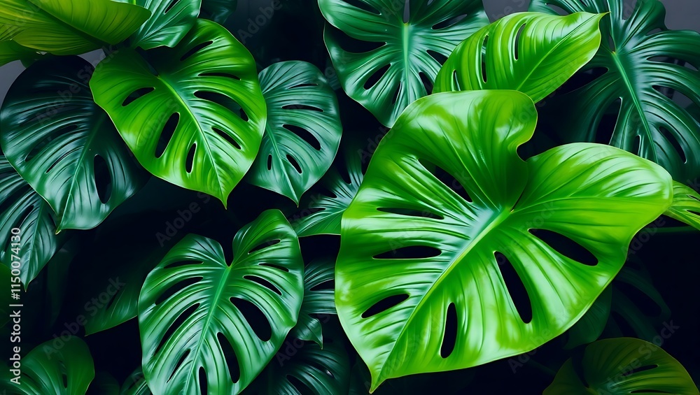 Obraz premium Dark green monstera leaves with light green veins, perfect for nature backgrounds, tropical designs, botanical illustrations, or ecofriendly concepts.