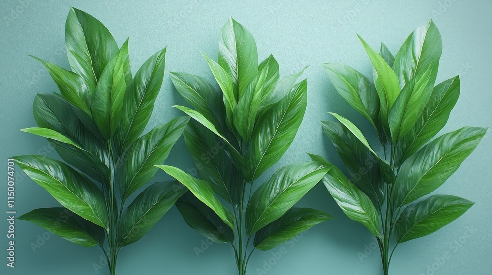 Fototapeta premium Three lush green plants on teal background.
