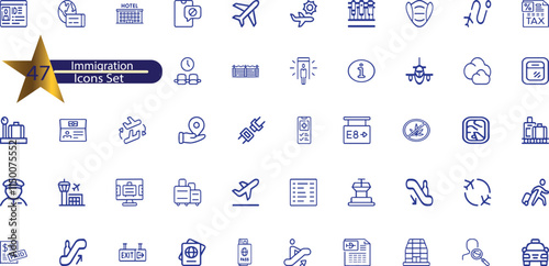 Set of 45 outline icons related to immigration.