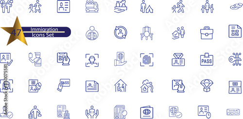 Set of 45 outline icons related to immigration.