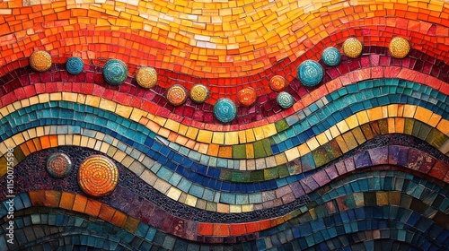 Colorful mosaic artwork, wavy design, glass tiles.