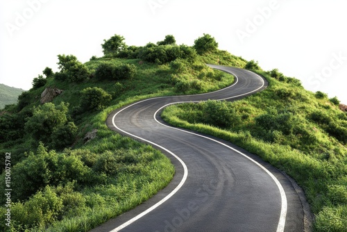 Winding asphalt road curving up a green hill.